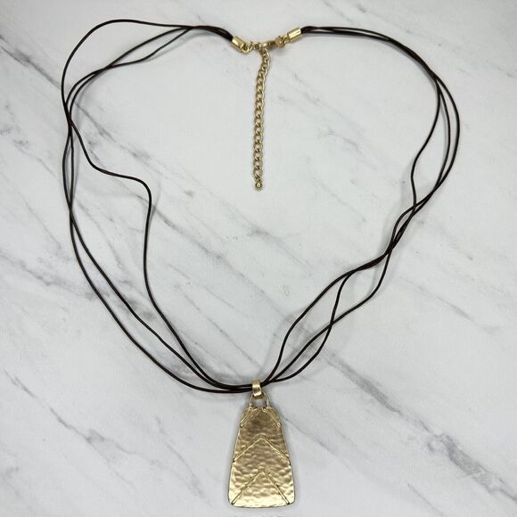 Chicos Gold Tone Chevron Pendant Brown Multi Strand Cord Necklace ✨ - Picture 8 of 14